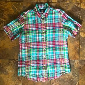 Mint POLO Ralph Lauren madras plaid 100% LINEN shirt men medium made in India